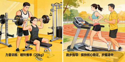 健身训练场景展示力量训练与跑步运动指导